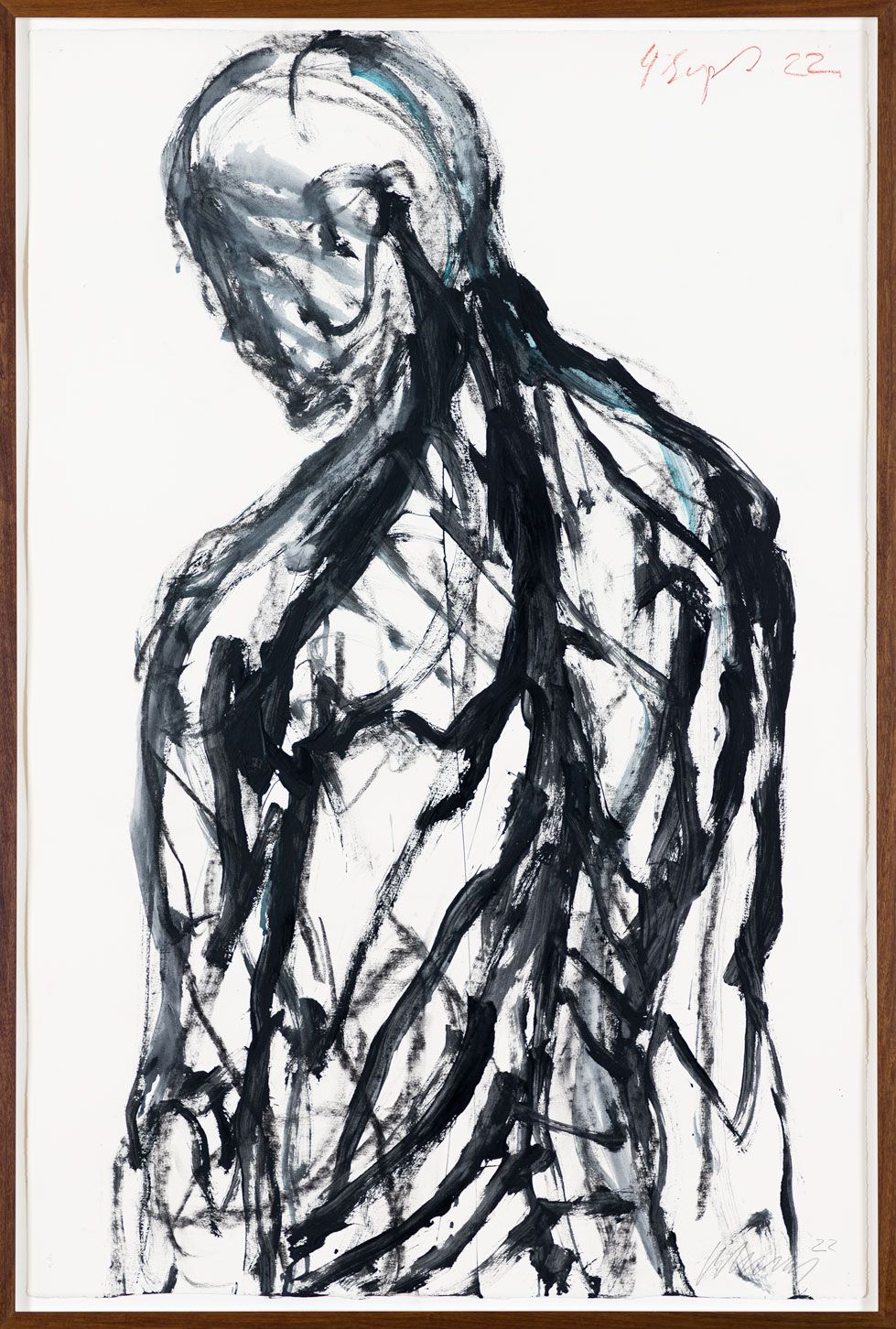 Christian Lemmerz, Körper (2) (2022): Halvfigur af menneskekrop i sort akryl på lærred, 127 × 85 cm – ekspressiv penselføring og anatomisk fragmentering.